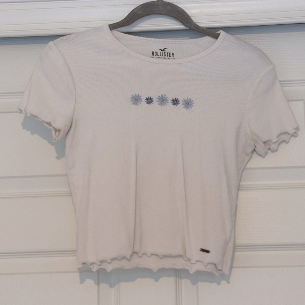 Hollister White Tee with Blue Floral Accents